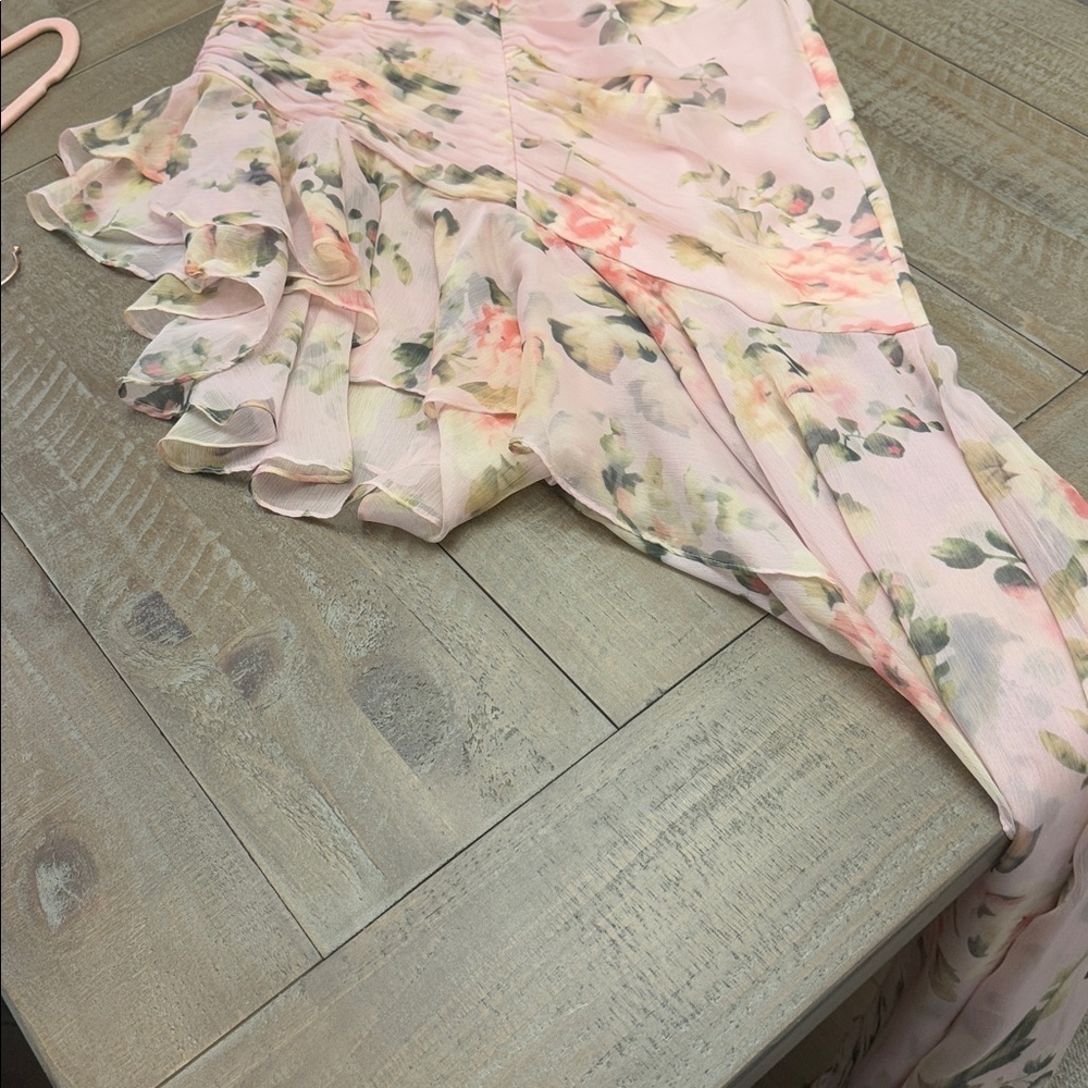 IEENA FOR MAC DUGGAL
Light Pink Floral Print Asymmetrical Ruffle Hem Dress - Picture 11 of 15